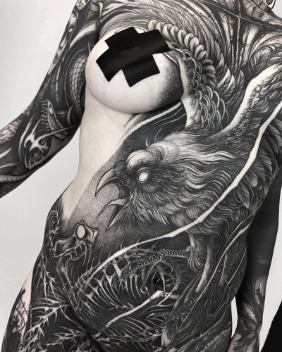 Tripod Raven Vs. Death Snake•Freehand•Done at @der_grimm_tattoo BERLIN Thanks to @wckd.x.wtch yo